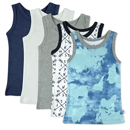 HonestBaby Sleeveless Muscle T-Shirts 100% Organic Cotton for Infant Baby Boys, 5-Pack Watercolor World, 0-3 Months