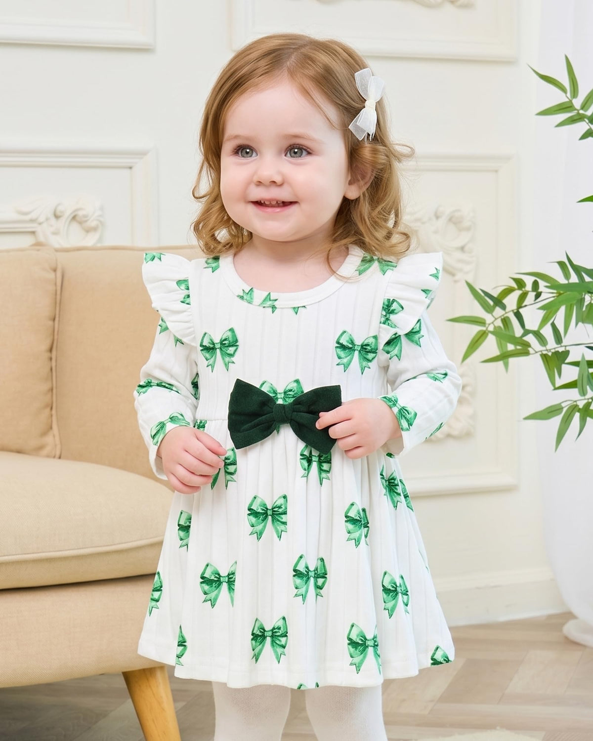 Aura Vane 3-6 Month Baby Girl Winter Dress Clothes Bow Green Flower Dresses