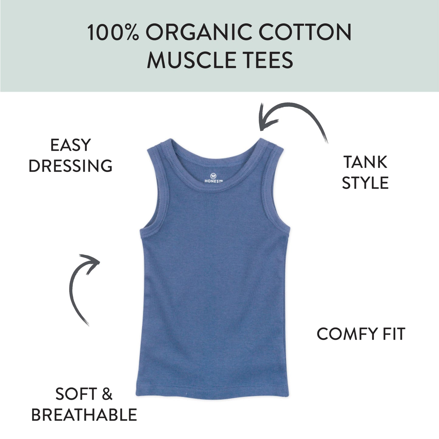 HonestBaby Sleeveless Muscle T-Shirts 100% Organic Cotton for Infant Boys, 5-Pack Ombre Blues, 2T