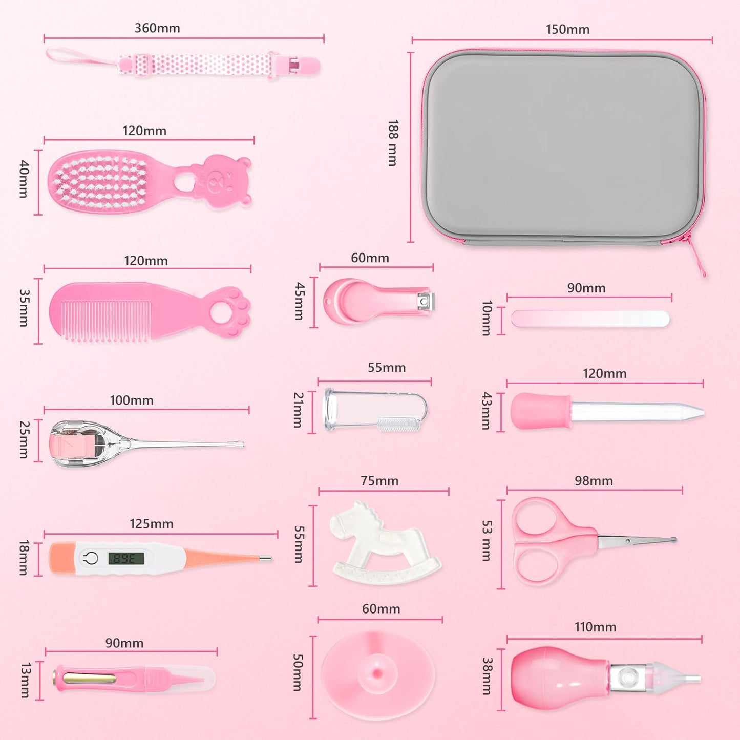 Baby Grooming Kit, 15 in 1 Portable Baby Safety Care Kit with Baby Brush and Comb Set Nail Clippers Nasal Aspirator etc for Nursery Newborn Infant Girl Boys Keep Clean Baby Essentials (Pink)