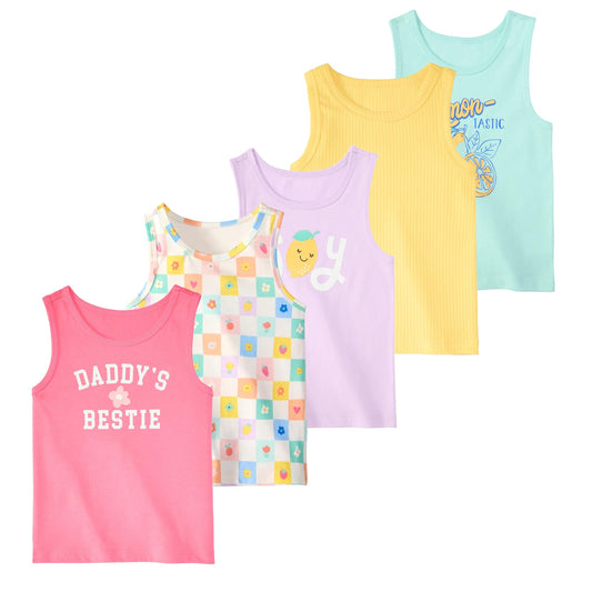 Garanimals Baby & Toddler Girl Icons Tank Tees - Kid's Sleeveless Tank Top - Size 6-9 Months - Light Blue, Yellow, Purple, White, Pink - 5 Pack