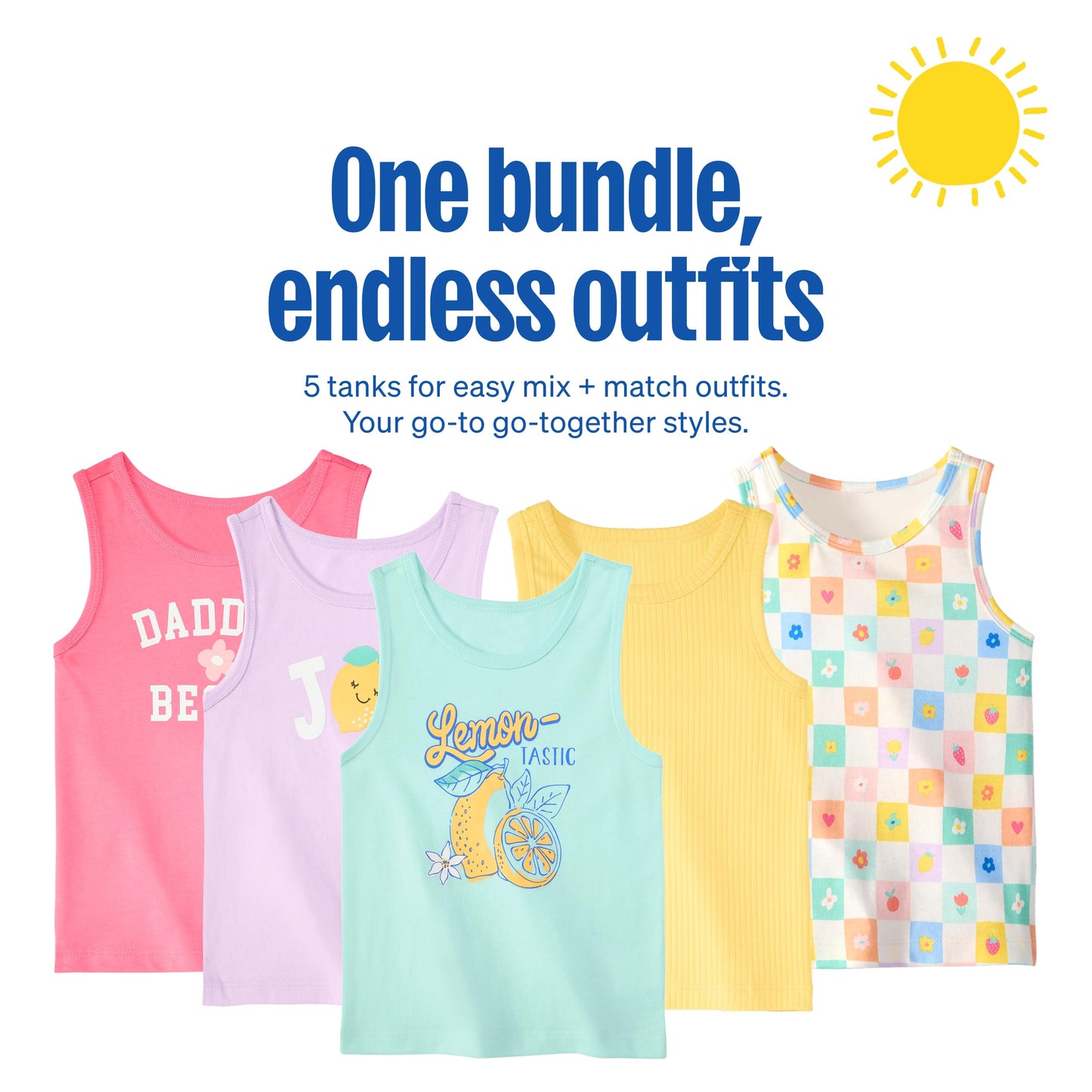 Garanimals Baby & Toddler Girl Icons Tank Tees - Kid's Sleeveless Tank Top - Size 0-3 Months - Light Blue, Yellow, Purple, White, Pink - 5 Pack