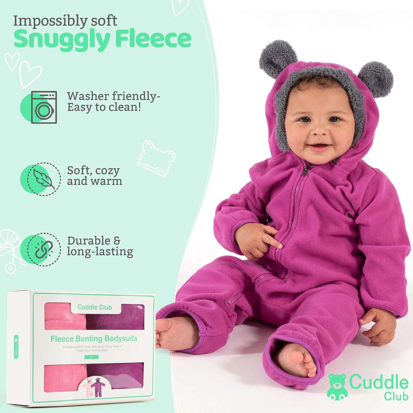 Cuddle Club Fleece Baby Bunting Bodysuit 2 Pack Bundle - Purple & Pink Baby Bear Onesie - Teddy Bear Onesie - Newborn Snowsuits 6-12 months - Infant Girls Bunting Suits