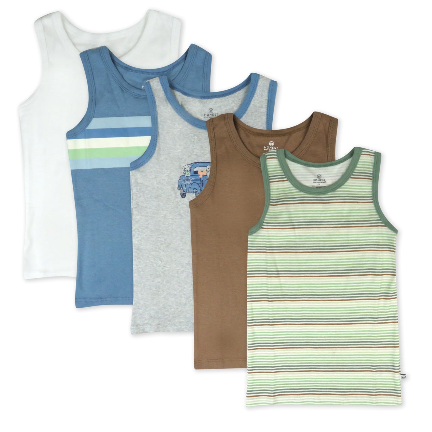 HonestBaby Sleeveless Muscle T-Shirts 100% Organic Cotton for Toddler Boys, Girls, 5-Pack Drifting Stripe Sage, 18 Months