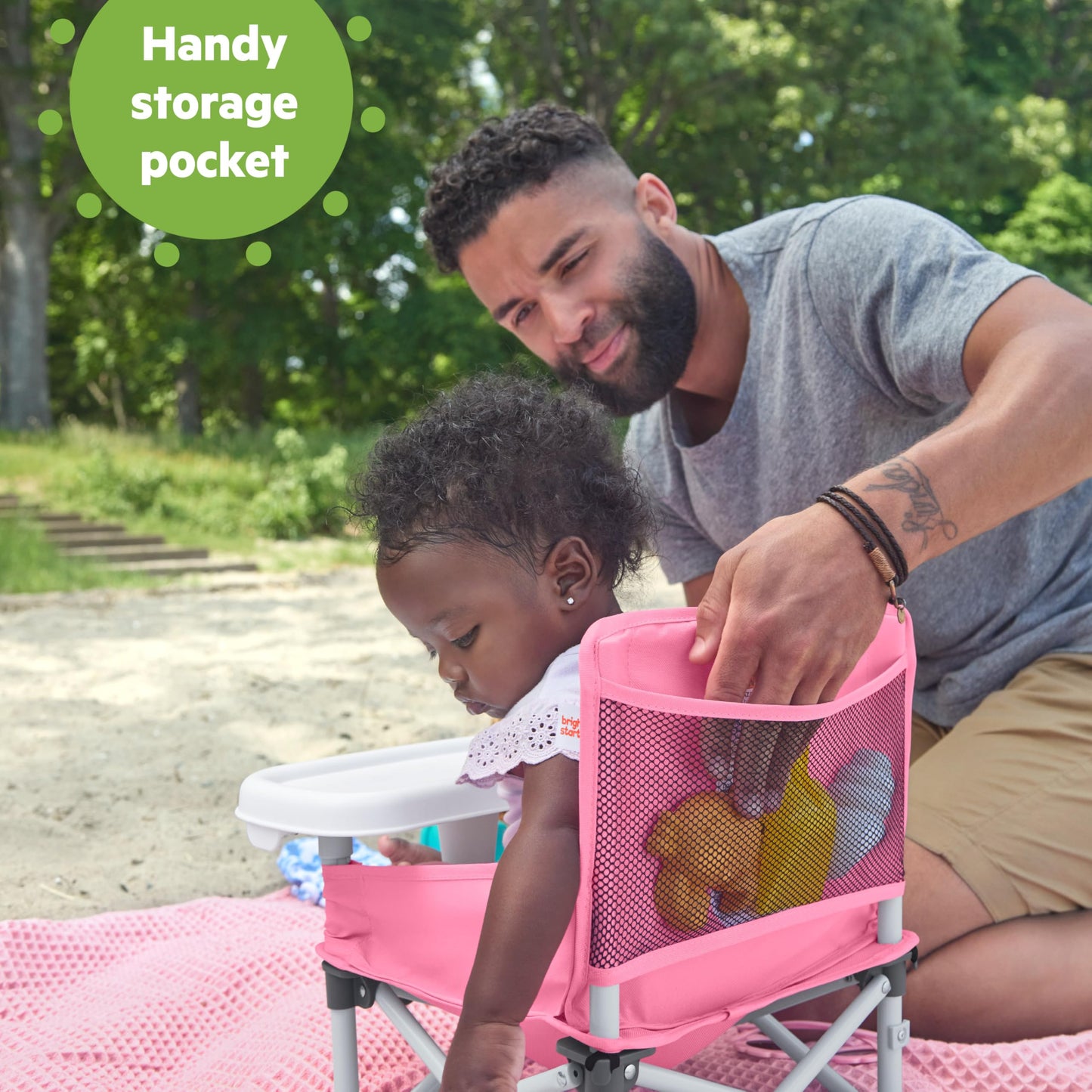 Bright Starts Pop 'N Sit Portable Booster, Indoor/Outdoor Use, Floor Seat with Feeding Tray, Pink, 6 Mos - 3 Yrs