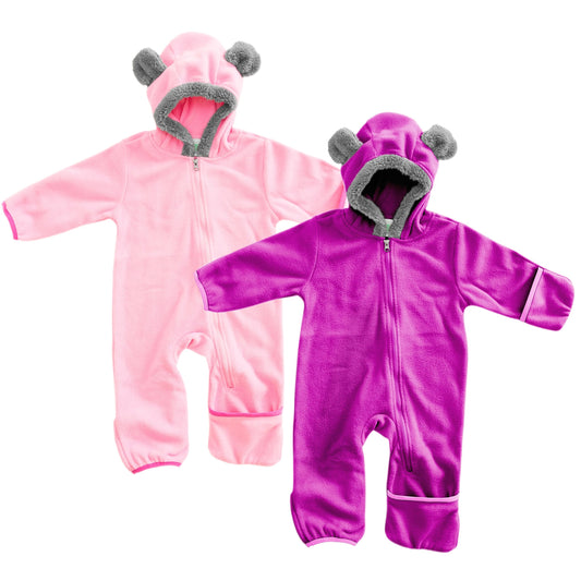 Cuddle Club Fleece Baby Bunting Bodysuit 2 Pack Bundle - Purple & Pink Baby Bear Onesie - Teddy Bear Onesie - Newborn Snowsuits 6-12 months - Infant Girls Bunting Suits