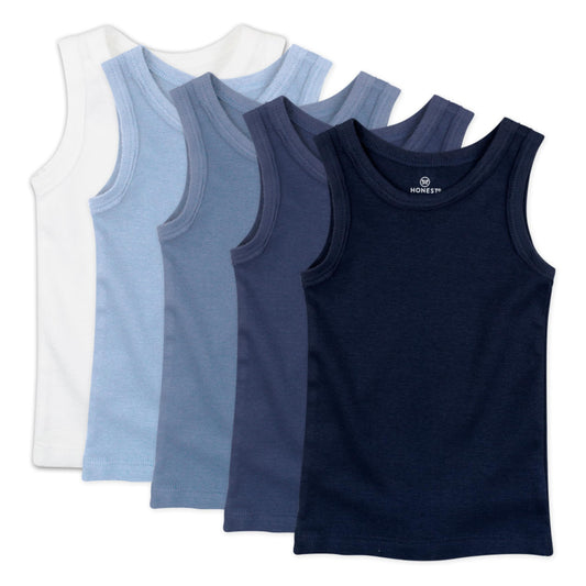 HonestBaby Sleeveless Muscle T-Shirts 100% Organic Cotton for Infant Boys, 5-Pack Ombre Blues, 2T