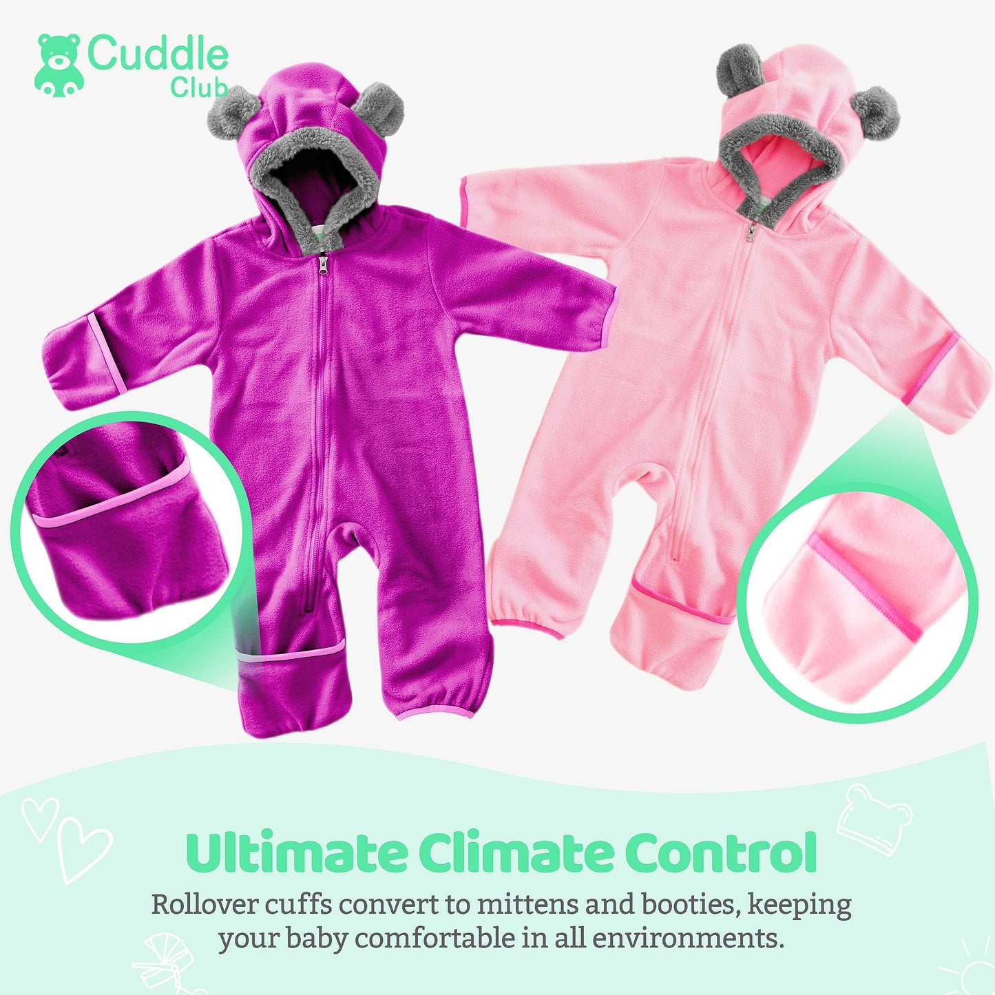 Cuddle Club Fleece Baby Bunting Bodysuit 2 Pack Bundle - Purple & Pink Baby Bear Onesie - Teddy Bear Onesie - Newborn Snowsuits 6-12 months - Infant Girls Bunting Suits
