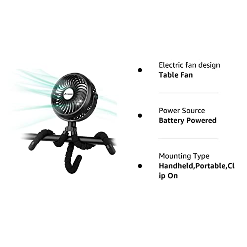 AMACOOL Battery Operated Stroller Fan Flexible Car Seat Crib Bike Treadmill (Black)