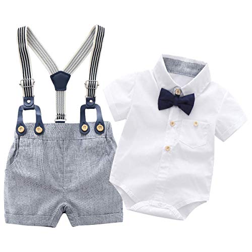 Newborn Baby Boys Gentleman Outfits Suits, Infant Short Sleeve Shirt+Bib Pants+Bow Tie Overalls Clothes Set ,2Y-3Y White
