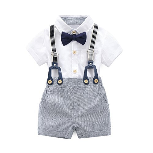 Newborn Baby Boys Gentleman Outfits Suits, Infant Short Sleeve Shirt+Bib Pants+Bow Tie Overalls Clothes Set ,2Y-3Y White