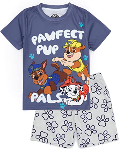 PAW Patrol Boys 2 Pack Pyjama Set | Kids Blue Short Sleeve T-Shirt & Shorts | Marshall Rubble & Chase The Rescue Pups PJs