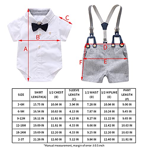 Newborn Baby Boys Gentleman Outfits Suits, Infant Short Sleeve Shirt+Bib Pants+Bow Tie Overalls Clothes Set ,2Y-3Y White