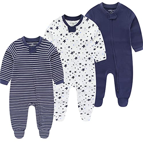 Kiddiezoom Newborn Baby Snug Fit Footed Cotton One-Piece Romper Jumpsuit 3-pack darkblue