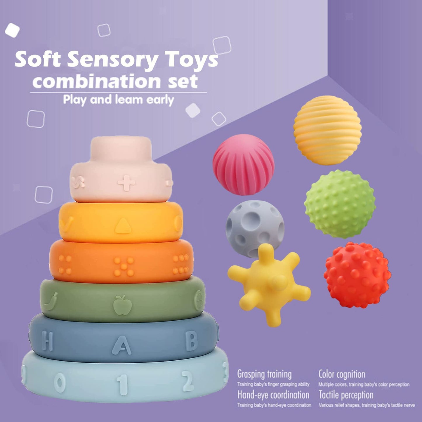 Montessori Toys Soft Stacking Building Blocks Rings Balls Sets 3 in 1 Baby Toys Bundle for Babies 6-12 Months Sensory Toys for Toddlers 1-3