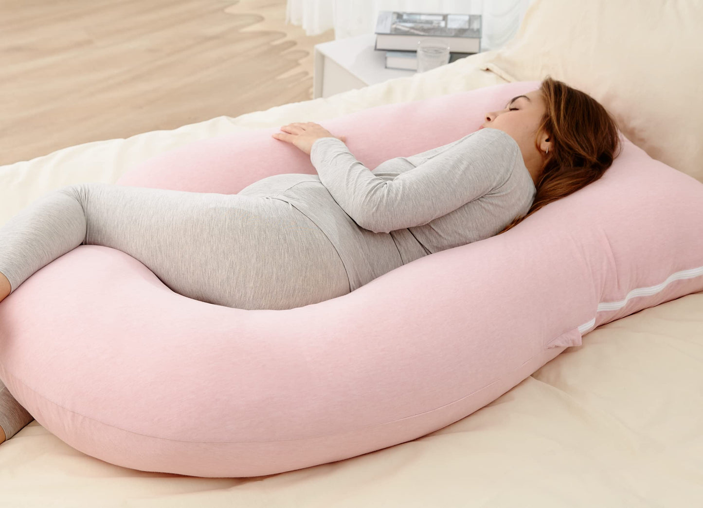 Momcozy Pregnancy Pillows for Sleeping, U Shaped Full Body Maternity Pillow for Side Sleeping - Support for Back, Legs, Belly, Hips, 57 Inch, Pink