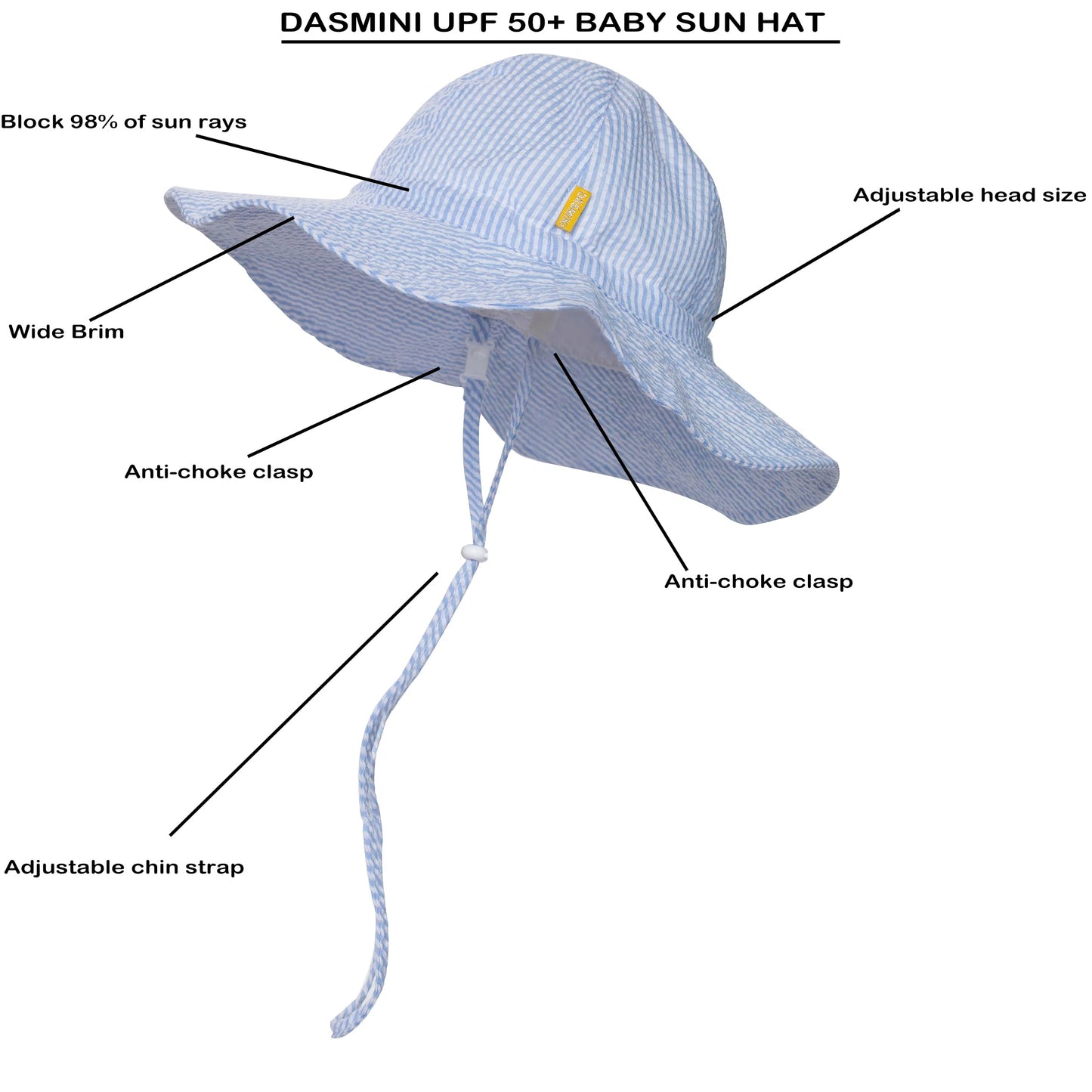 DASMINI Baby&Toddler Stripe Wide Brim Sun Hats UPF 50+ Sun Protection Beach Bucket Cap Cute Adjustable Hat (Sky Stripe, 0-6M)