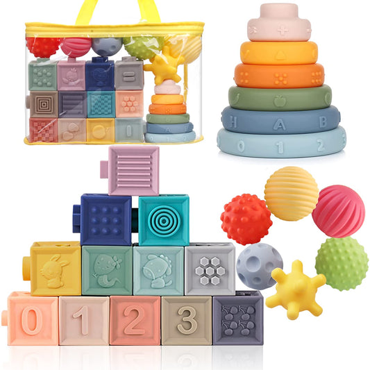 Montessori Toys Soft Stacking Building Blocks Rings Balls Sets 3 in 1 Baby Toys Bundle for Babies 6-12 Months Sensory Toys for Toddlers 1-3