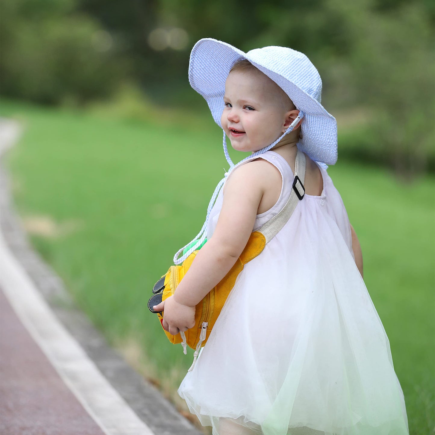 DASMINI Baby&Toddler Stripe Wide Brim Sun Hats UPF 50+ Sun Protection Beach Bucket Cap Cute Adjustable Hat (Sky Stripe, 0-6M)