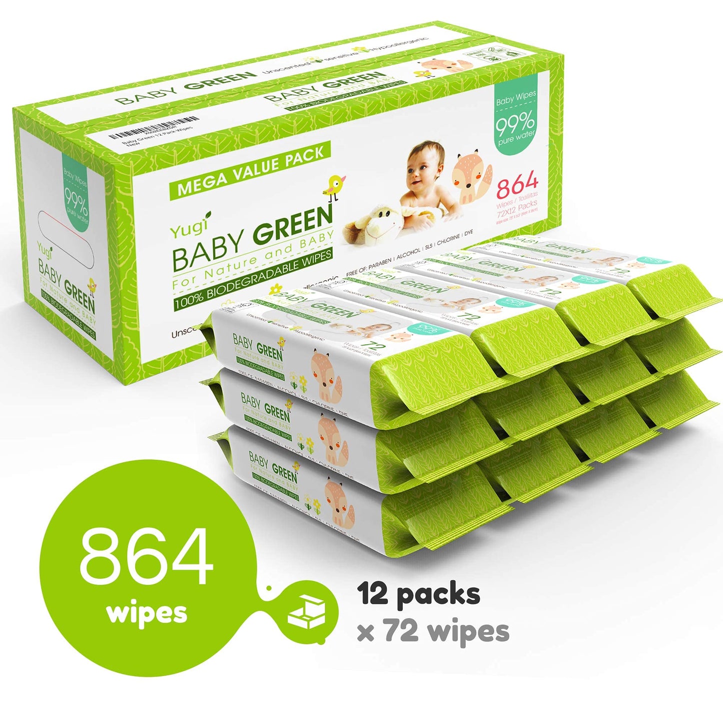 Yugi Green Baby Wipes Unscented Compostable Biodegradable and Organic– Value Pack (12 Packs of 72) 864 for Sensitive Skin & Nose