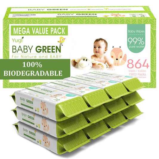 Yugi Green Baby Wipes Unscented Compostable Biodegradable and Organic– Value Pack (12 Packs of 72) 864 for Sensitive Skin & Nose